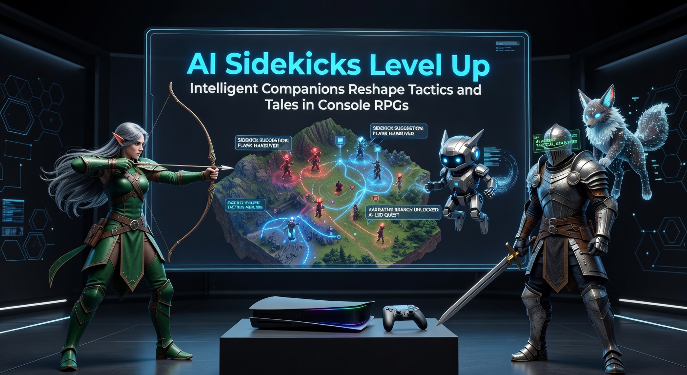 A dynamic AI companion character glowing with tactical overlays during an intense RPG battle on a console screen, highlighting adaptive strategies in real-time combat