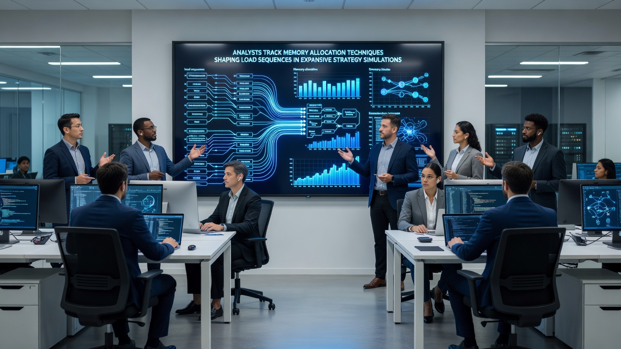 Networked strategy simulation showing synchronized load sequences across multiple client platforms