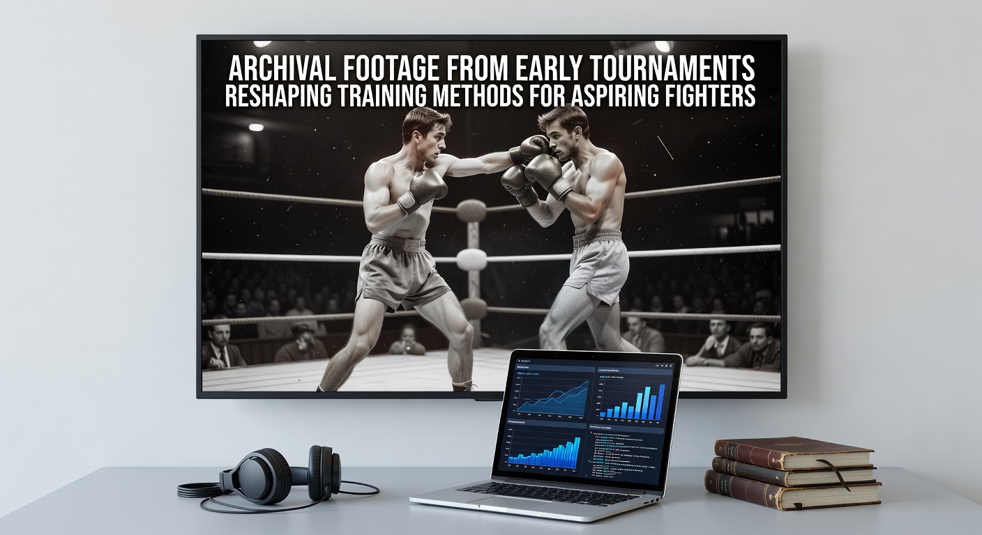 Archival footage from 1990s fighting game tournaments displayed on training monitors in a modern esports facility