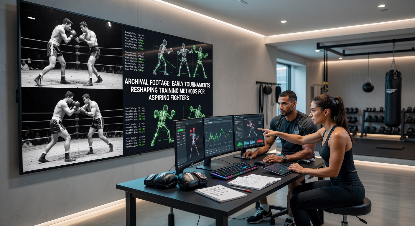 Aspiring fighters reviewing historical tournament footage on tablets during a group training session in a dedicated esports center