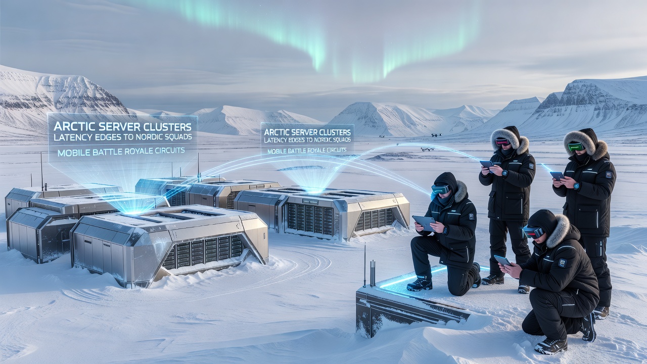 Arctic data center facility surrounded by snow with server racks visible through windows