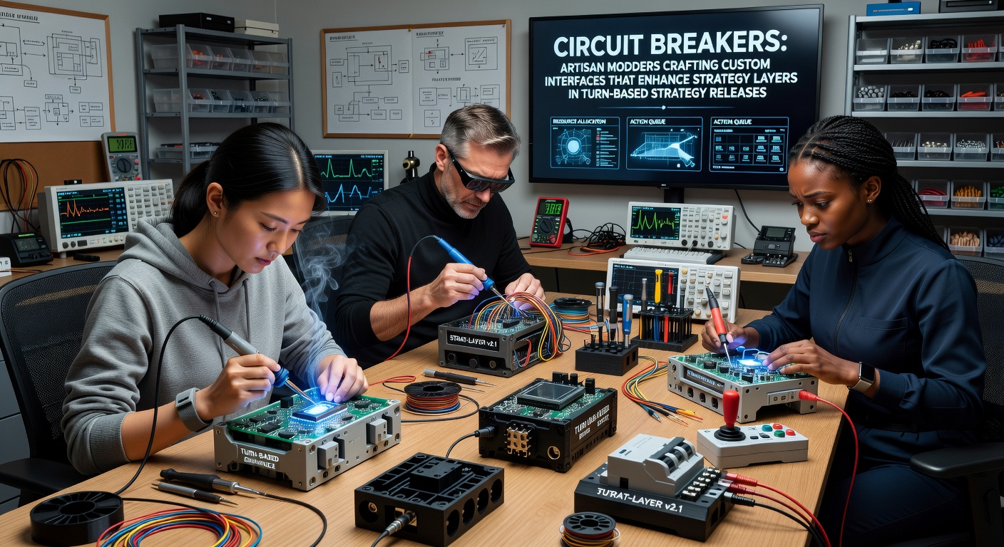 Artisan modders assembling custom interface components for turn-based strategy games on a workbench setup