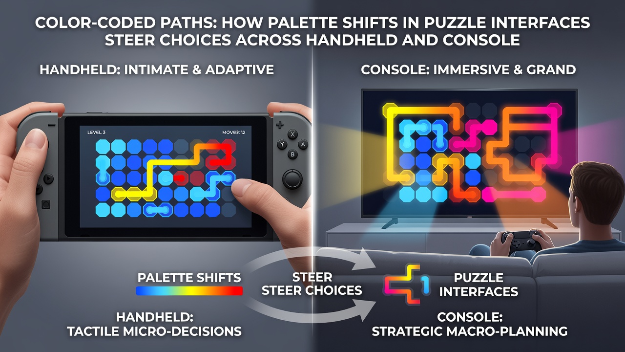 Color palette shifts in puzzle game interfaces on handheld and console devices showing guided player pathways