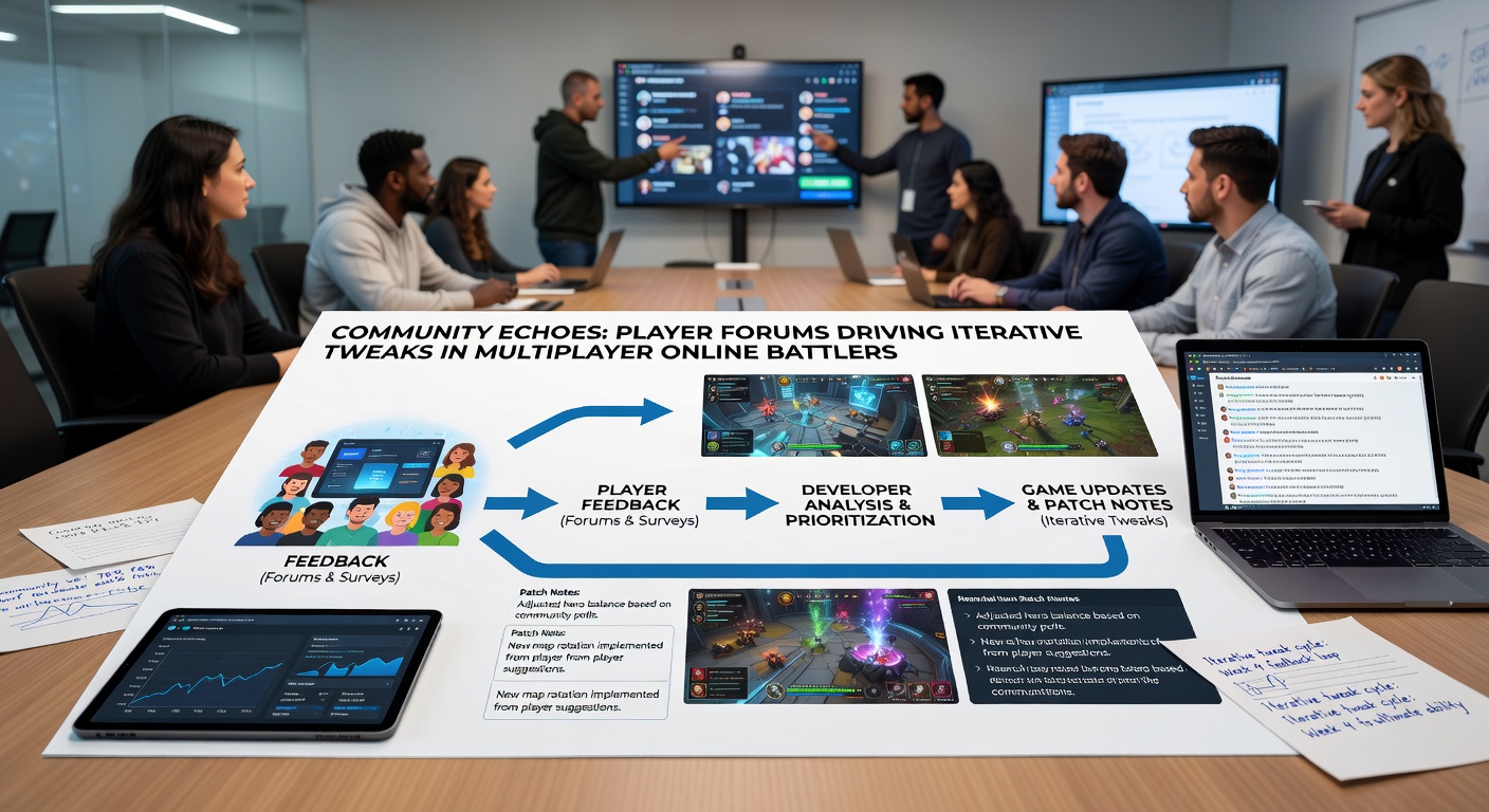 Developers reviewing community forum analytics to plan balance patches for online multiplayer games