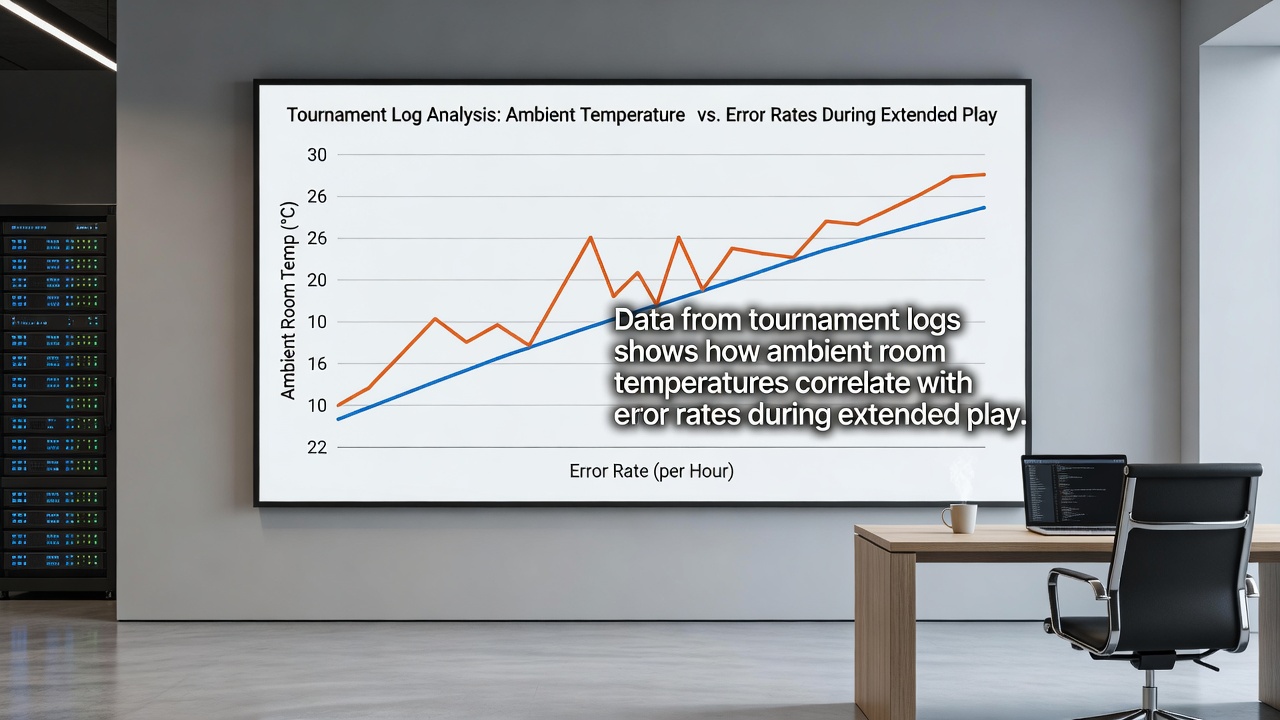 Detailed view of esports competitors at consoles and PCs with overlaid temperature and performance tracking graphs from tournament analysis