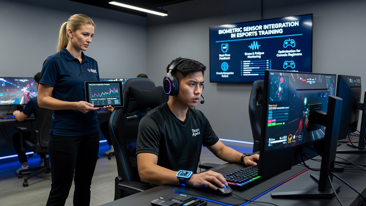 Console esports athlete wearing biometric sensors during a training session with heart rate and EEG monitoring equipment