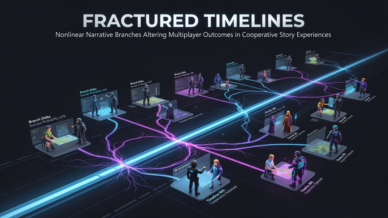 Players navigating branching timelines in a cooperative narrative game session
