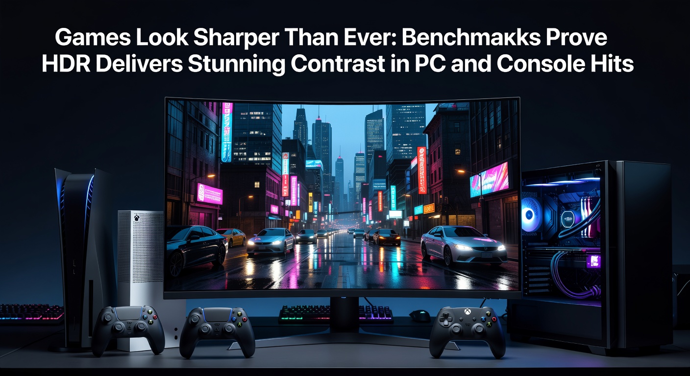 Side-by-side benchmark screenshots comparing SDR and HDR versions of a high-contrast game scene, highlighting deeper blacks and brighter highlights in HDR