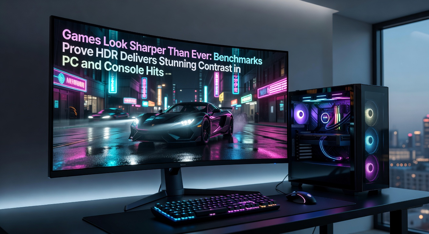 Graph charting HDR benchmark scores for peak brightness and contrast ratios across PC GPUs and console outputs in recent blockbusters