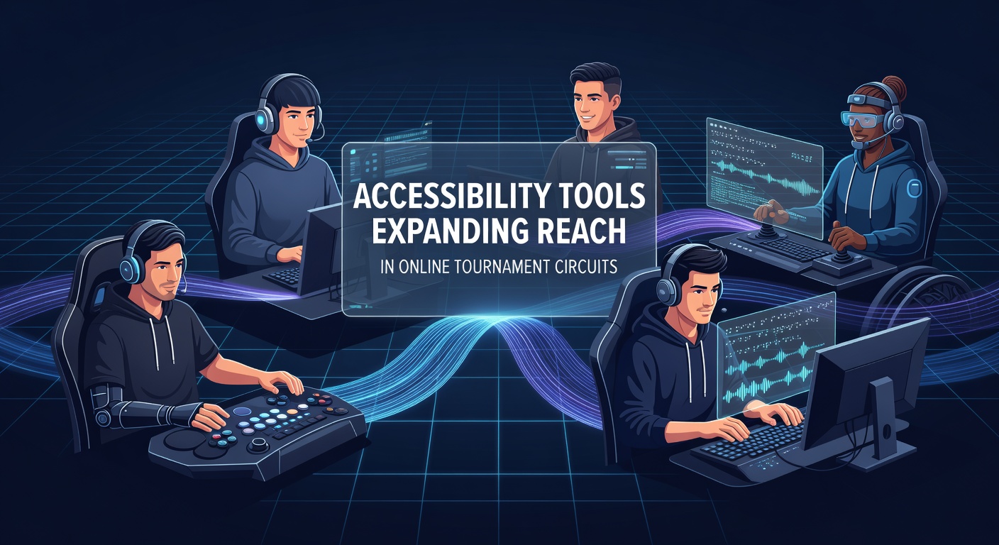 Diverse group of gamers participating in an online tournament using accessibility features on their setups