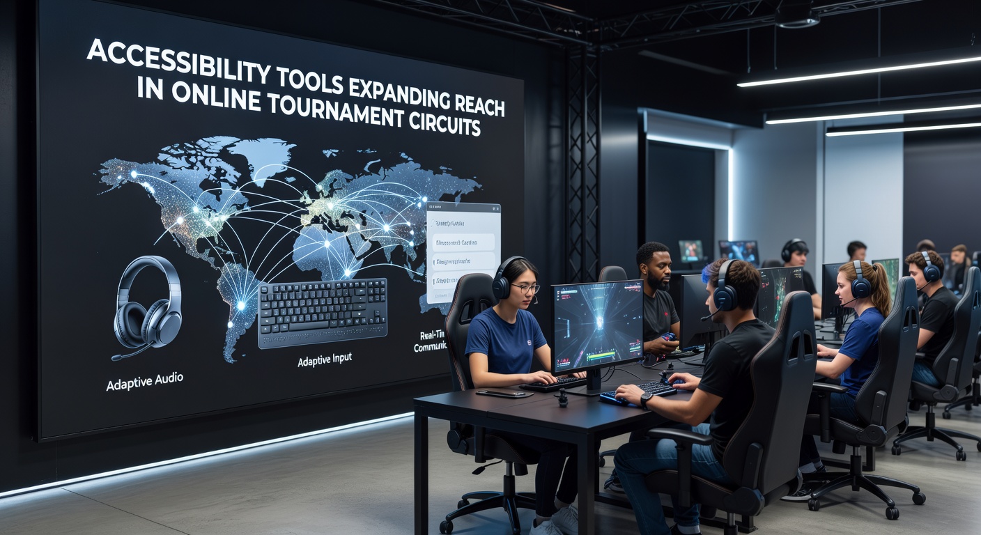 Close-up of a tournament setup featuring adaptive controllers and screen reader software in use