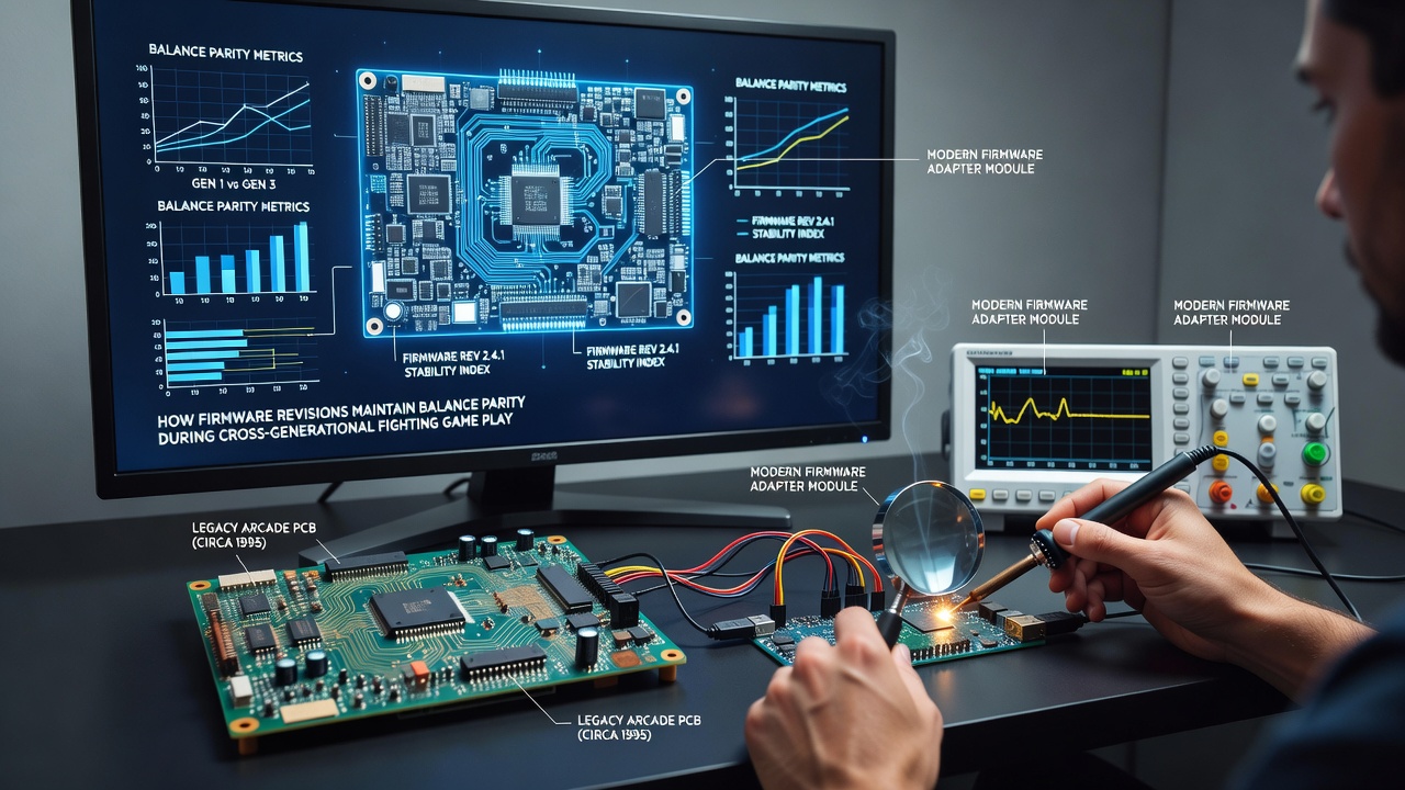 Side-by-side comparison of original and revised firmware outputs displayed on arcade monitor screens