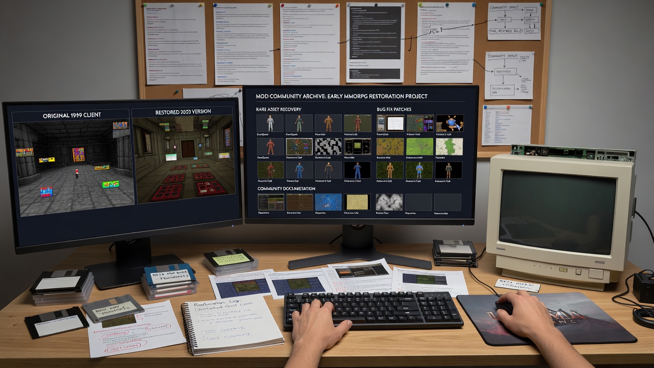 Community workspace with disassembled old PCs and modding tools for restoring MMORPG assets