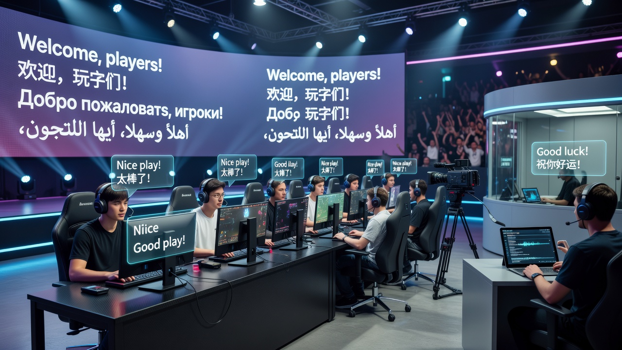 Coaches reviewing translated strategy notes on tablets during an esports break
