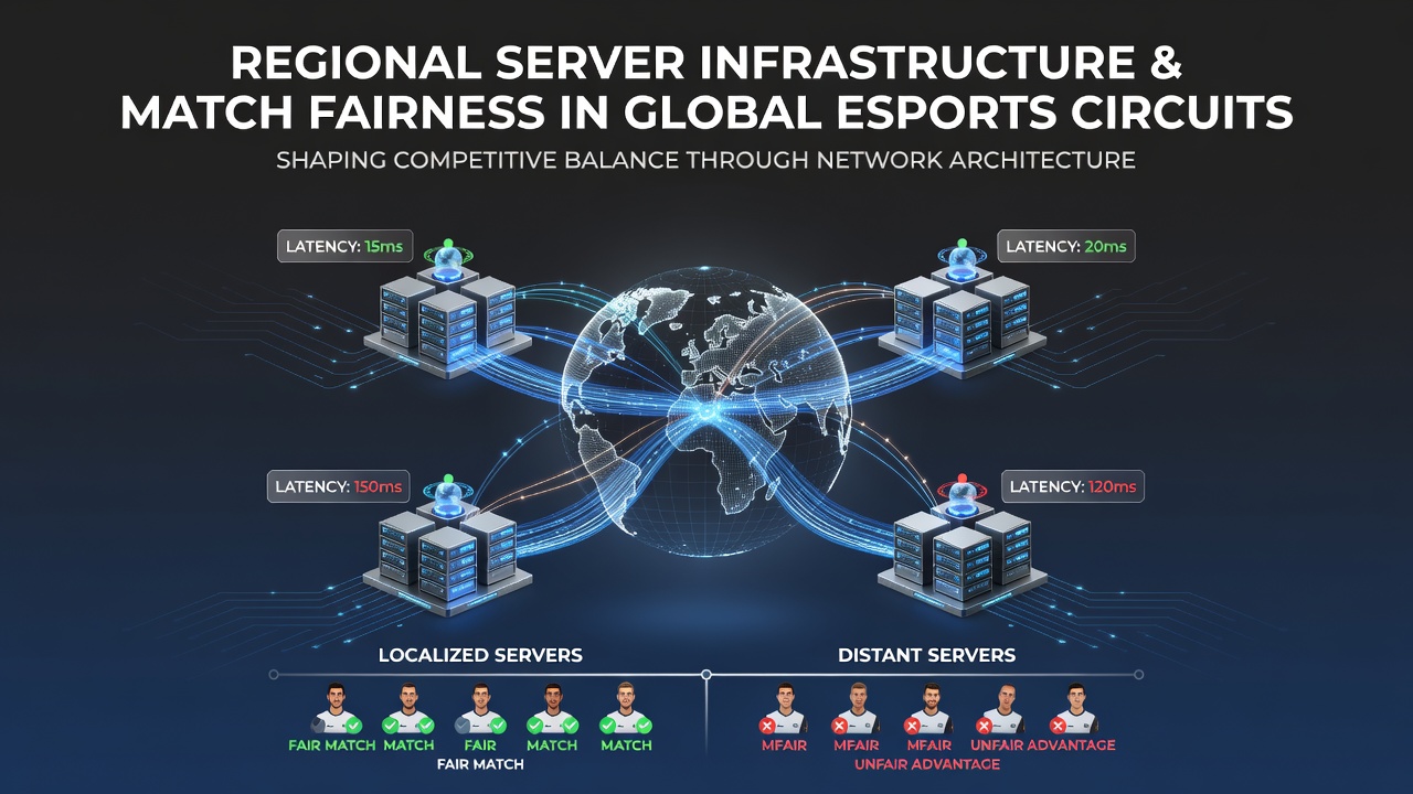 Global esports tournament arena showing players connected through distributed server networks with regional latency indicators displayed on overhead screens