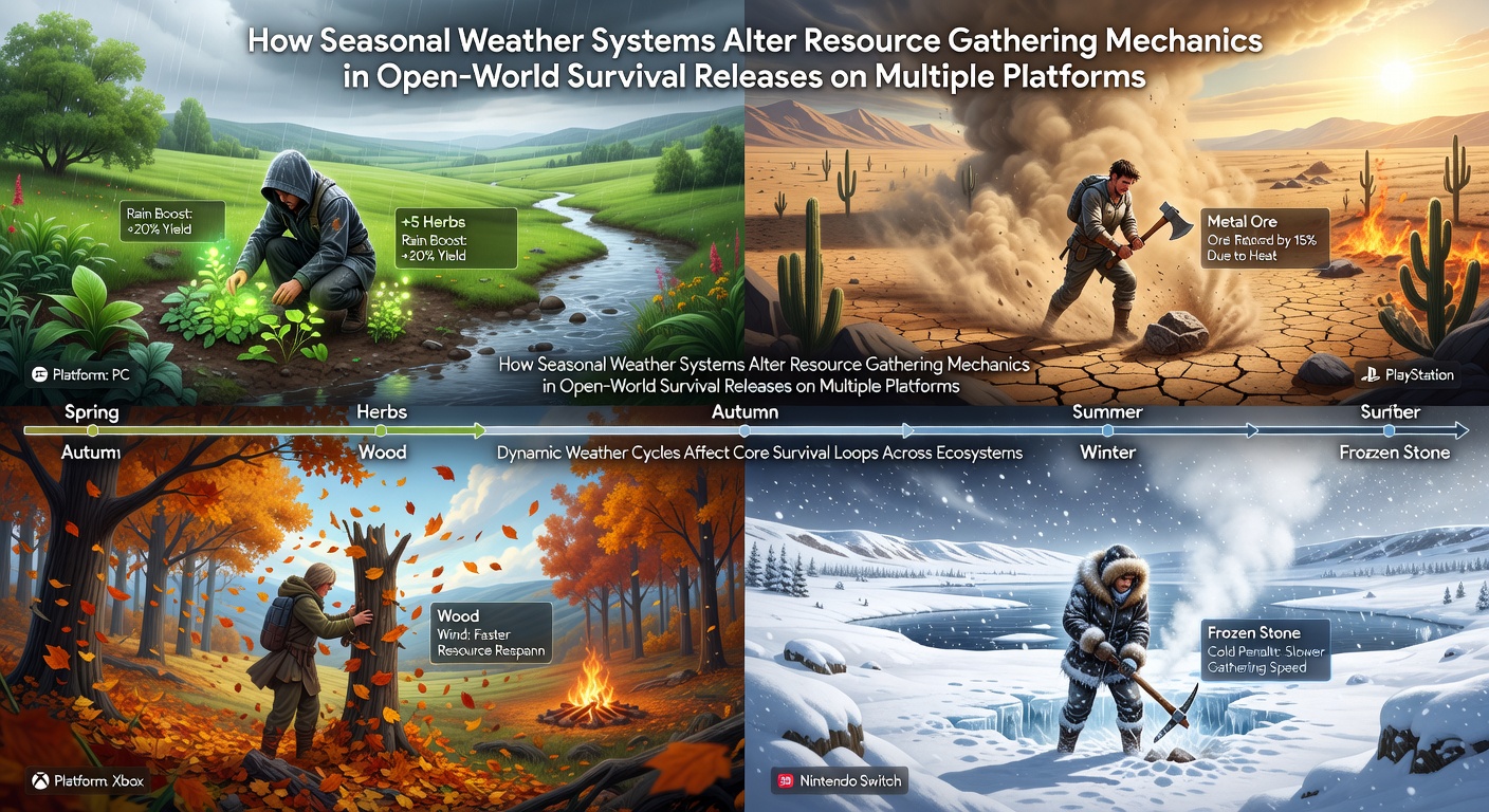 Open-world survival game scene showing seasonal weather impacting resource collection on multiple platforms