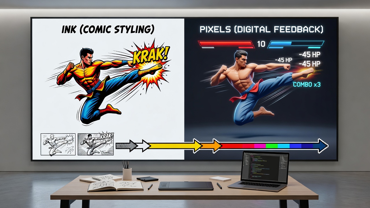 Close-up of stylized combat feedback with comic-style impact effects and color-coded cues