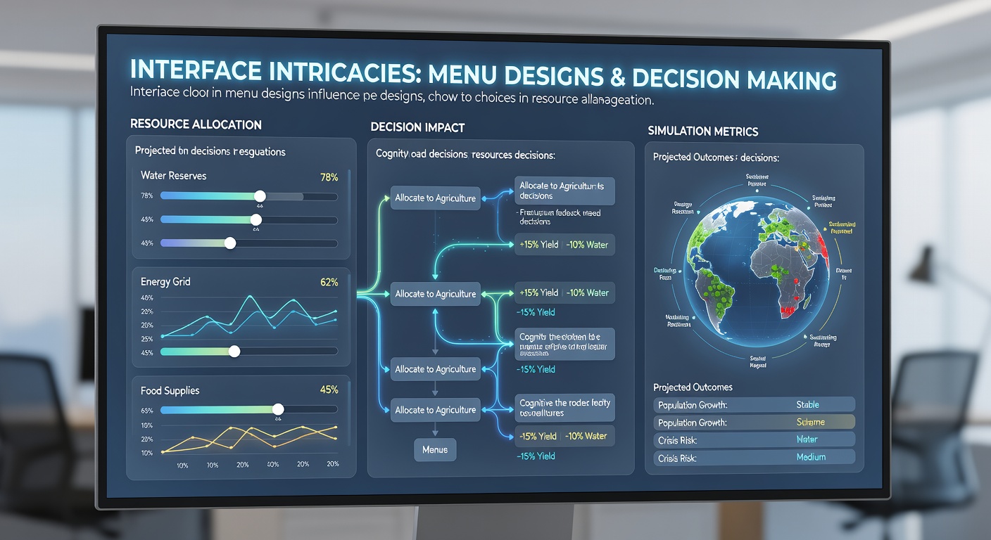 Close-up of a simulation dashboard highlighting contextual tooltips and live resource flow indicators