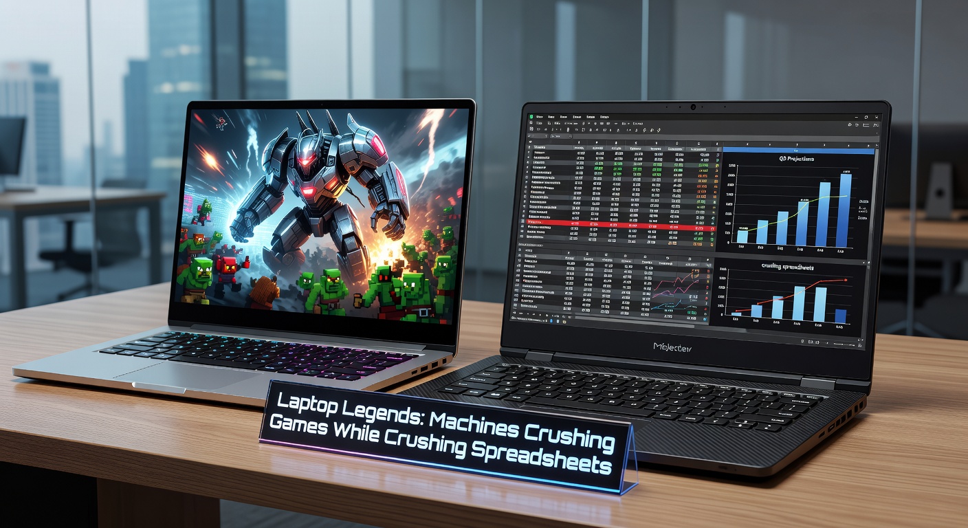 High-end gaming laptop split-screen multitasking between a vivid AAA game scene and a detailed Excel spreadsheet with charts and formulas, highlighting dual-purpose power