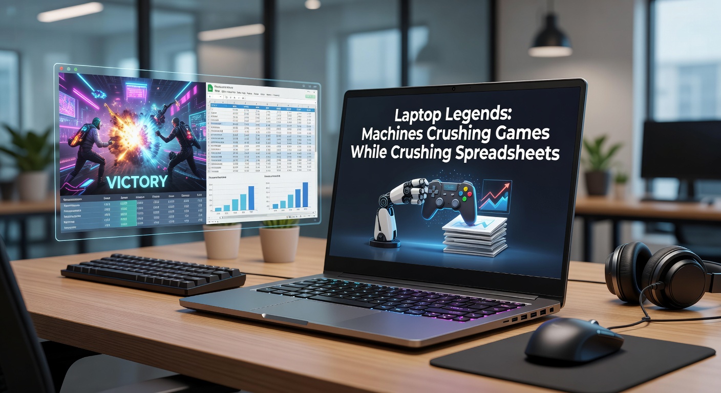 Close-up of gaming laptop internals, showcasing RTX GPU, high-core CPU, and RGB keyboard, with performance graphs overlay for gaming and productivity metrics