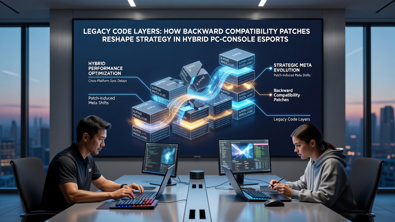 Esports analysts reviewing compatibility patch notes and frame data charts during a hybrid PC-console tournament preparation session