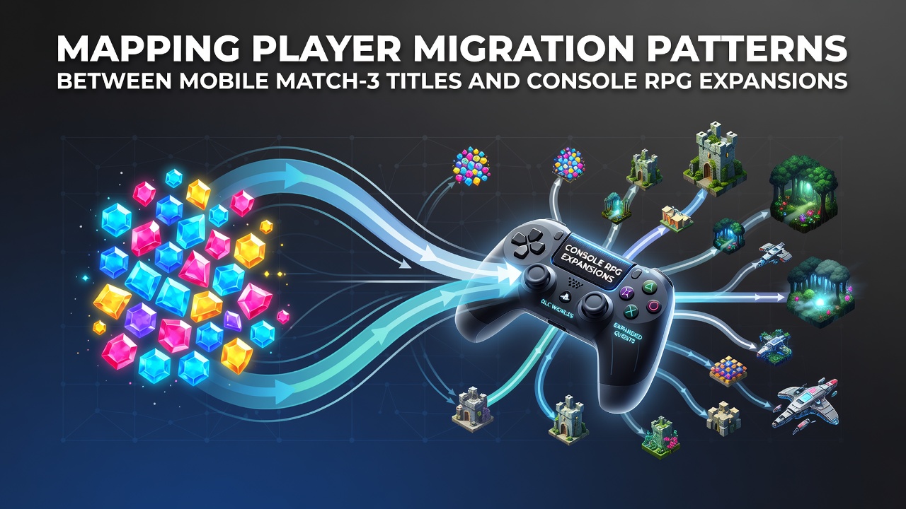 Data visualization showing player flow from mobile match-3 games to console RPG expansions with arrows and percentage indicators