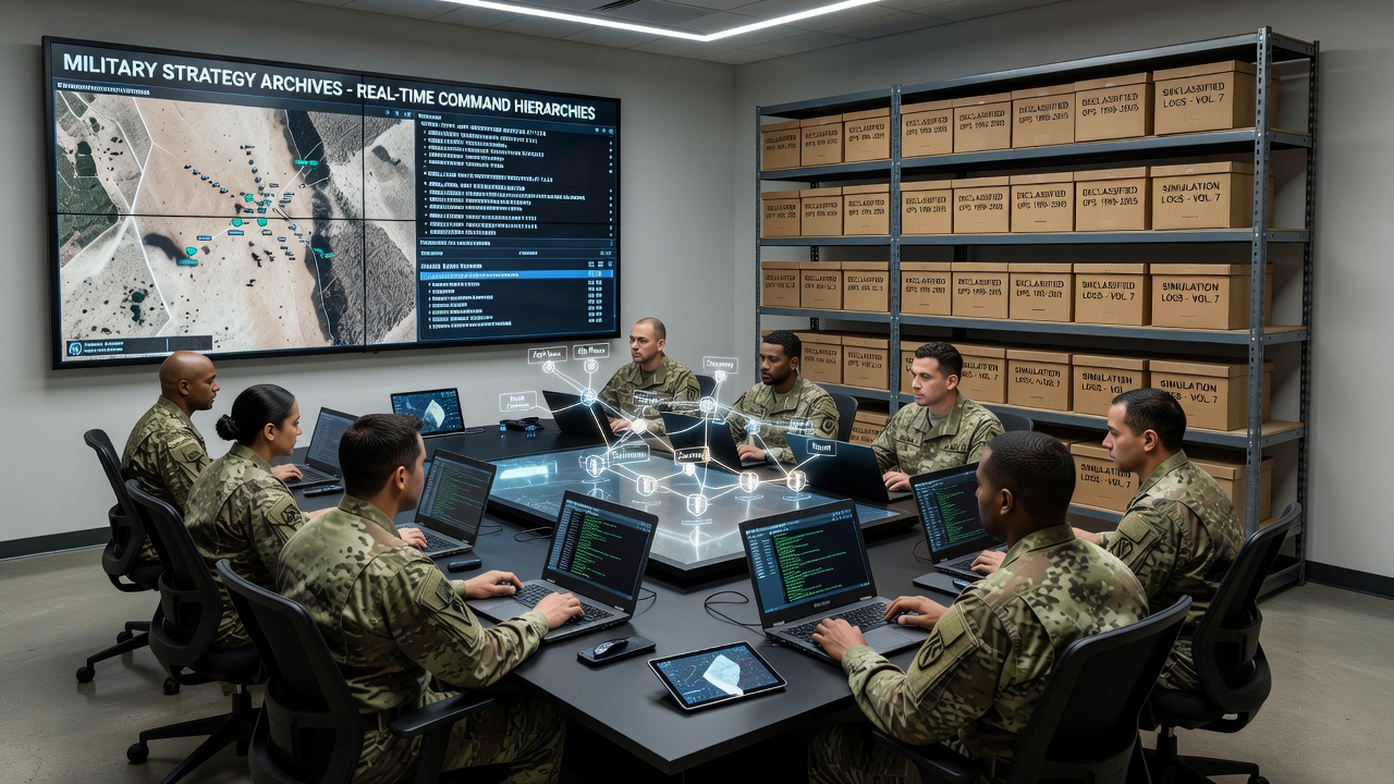 Simulation interfaces displaying layered command structures derived from historical military records