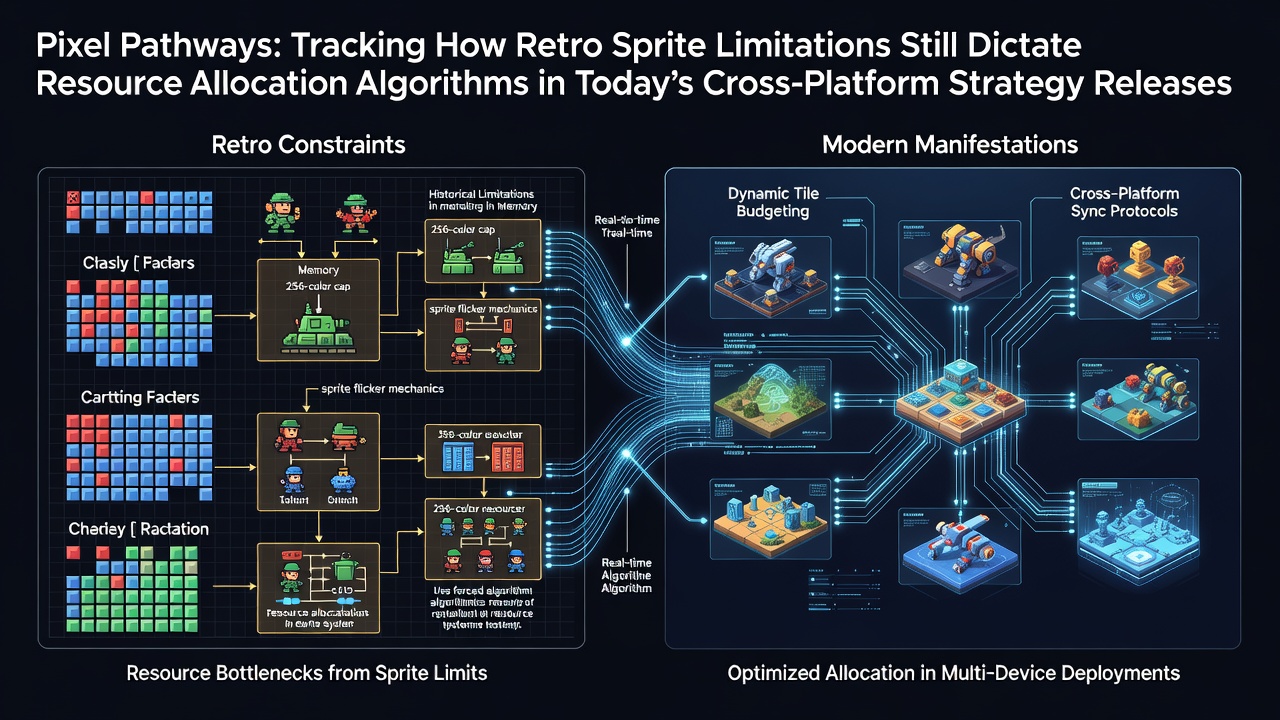 Retro pixel sprite grids overlaid on modern strategy game interfaces showing memory mapping patterns