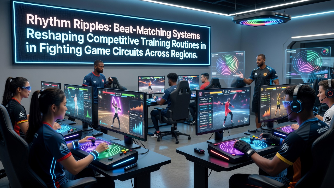 Competitive fighting game players using beat-matching rhythm tools during training sessions in a regional circuit event