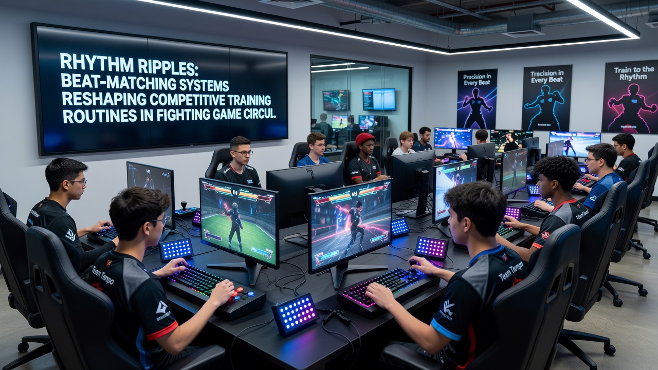Group of fighters reviewing beat synchronization data on training monitors at an international fighting game circuit venue