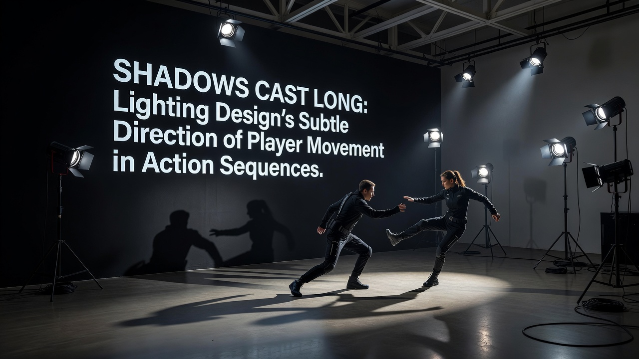 Dramatic lighting in an action game sequence where shadows and light beams guide the player's path through a dynamic environment