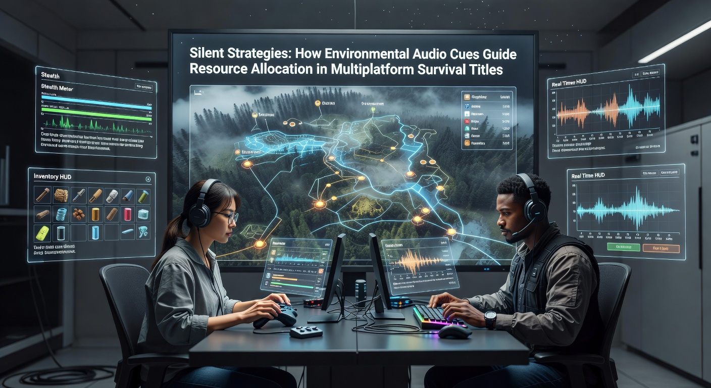 Environmental audio cues in a survival game environment showing subtle sound indicators for resource locations