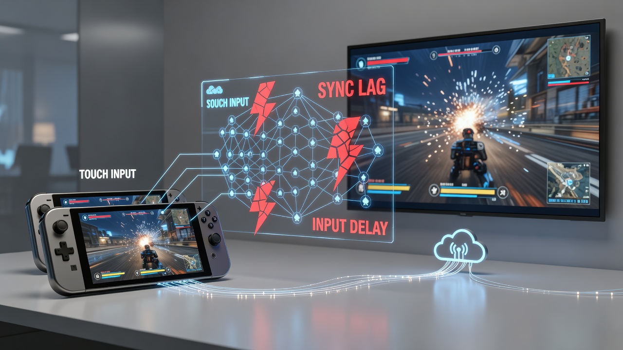 Portable gaming device displaying a cloud-streamed game interface with visible touch controls and latency indicators