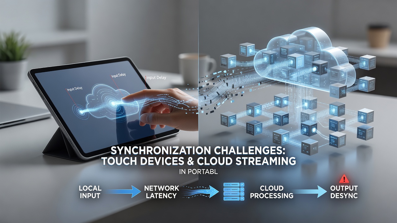 Close-up of a tablet screen showing a cloud gaming session with overlaid network diagnostics and touch response metrics