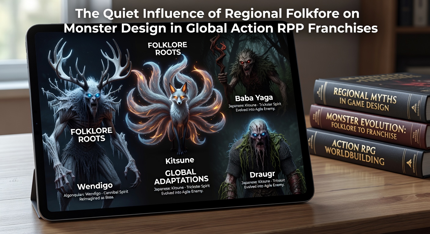 Detailed concept art showing monster designs inspired by various regional folklore traditions in action RPGs