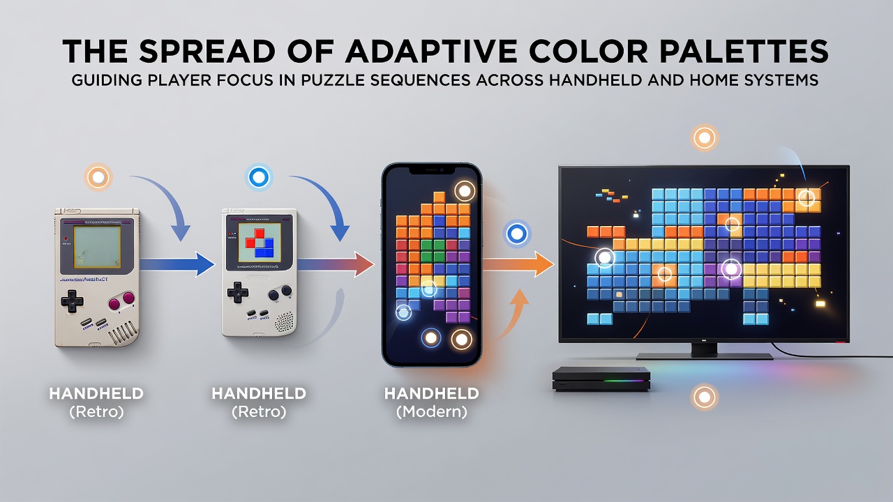 Adaptive color palette shifting focus in a handheld puzzle sequence with highlighted elements on Nintendo Switch