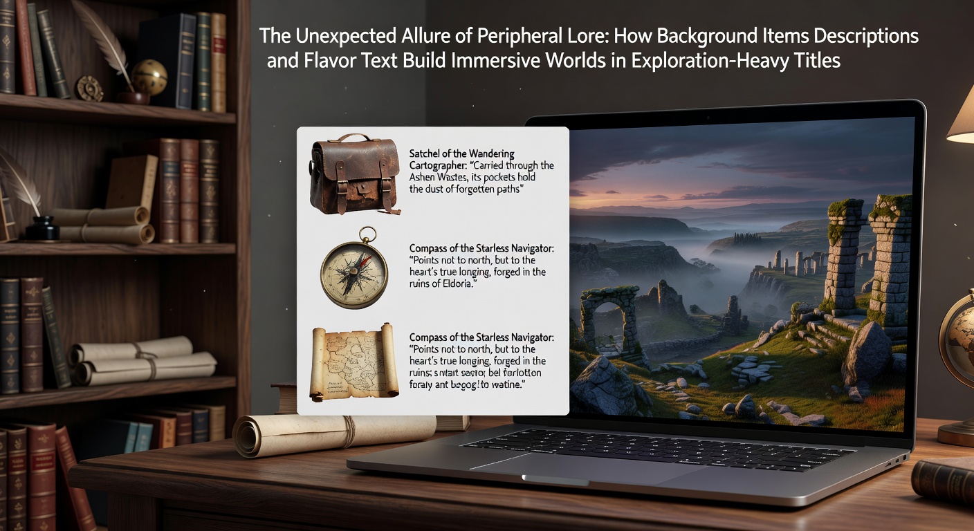 Exploration-heavy game scene showing a character examining an ancient artifact with visible item description text overlay in a detailed fantasy environment