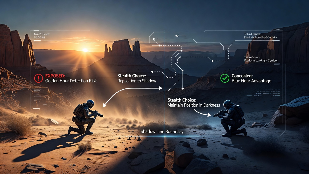 Dynamic lighting transitions across an expansive multiplayer map at dusk