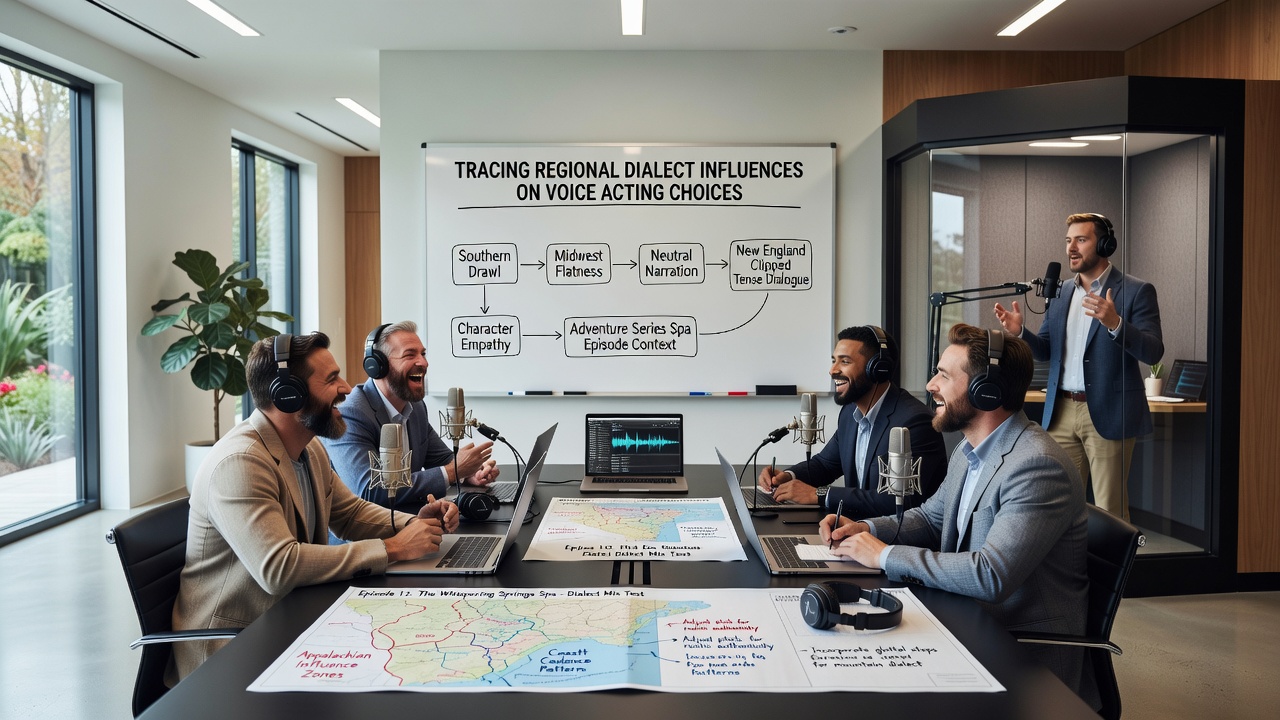 Studio session showing dialect coaching for adventure game voice actors