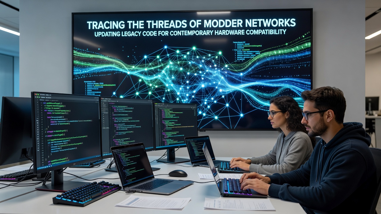 Modder network members collaborating on legacy code updates for modern hardware in a shared workspace