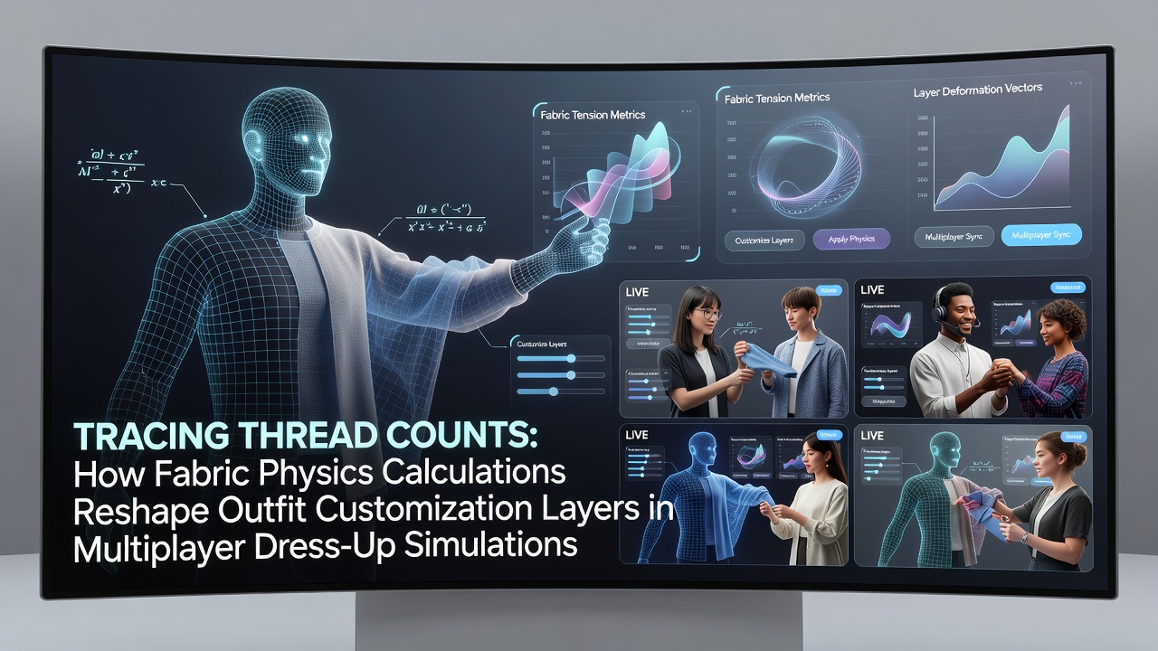 Detailed visualization of fabric thread count layers in a multiplayer dress-up simulation environment showing physics-based draping and layering effects