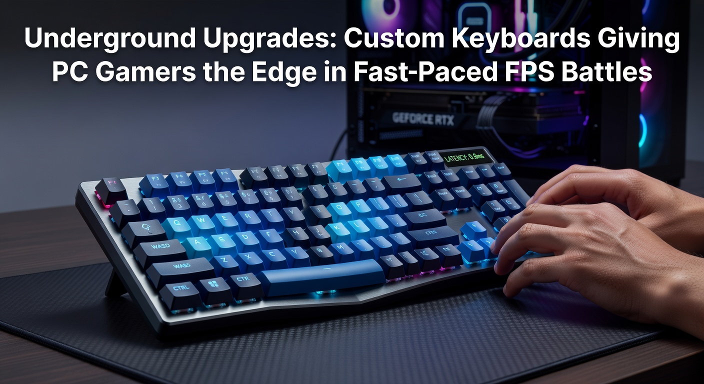 Close-up of a custom mechanical keyboard with translucent keycaps, hall effect switches, and vibrant RGB underglow, assembled for competitive FPS gaming setups