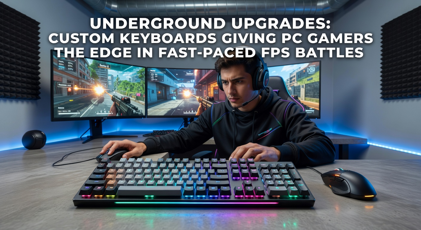 Gamer's desk setup featuring a compact custom keyboard with exposed switches, alongside a high-DPI mouse and triple monitors during an intense FPS match, highlighting cable management and RGB synchronization